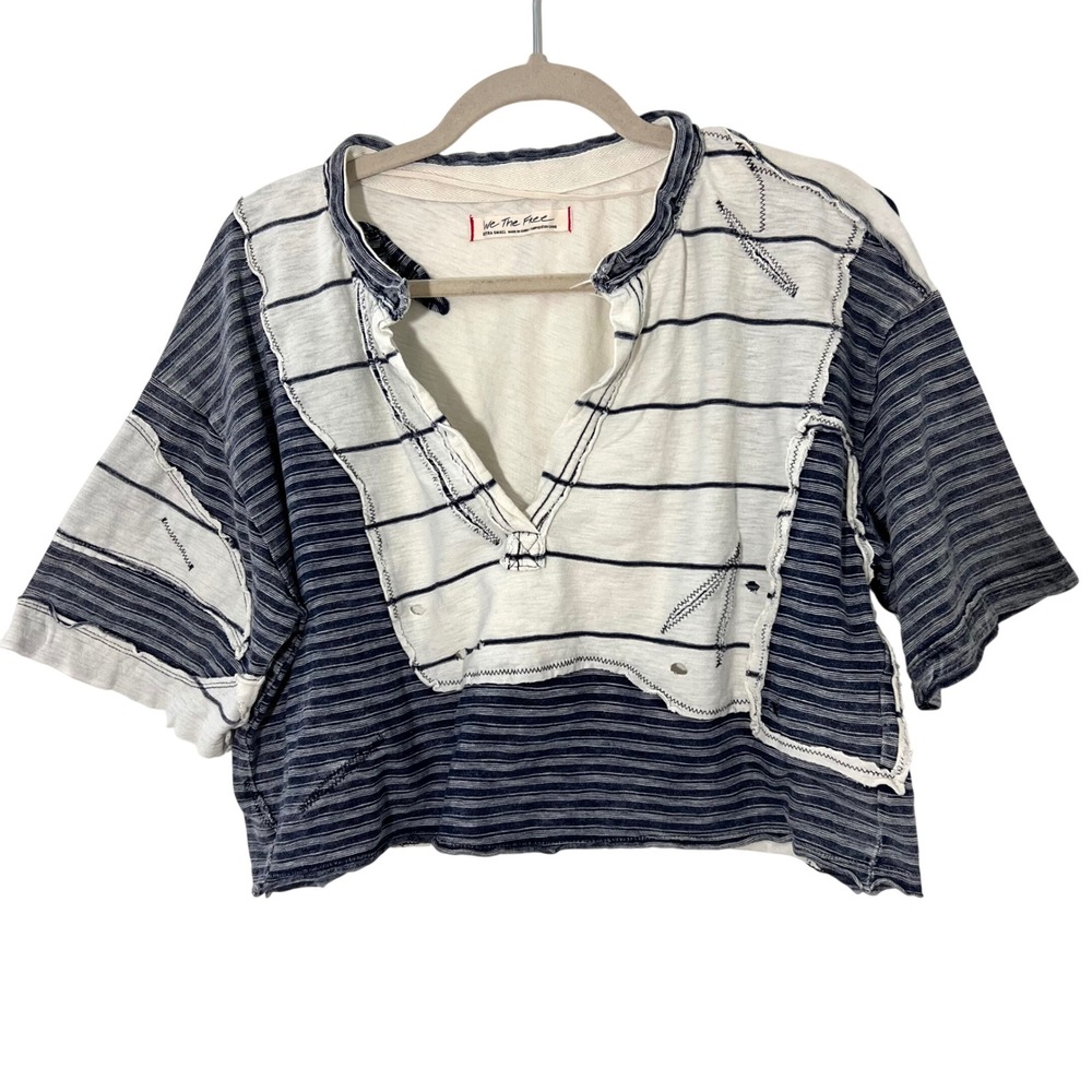 We The Free People T Shirt Womens XS Striped Patchwork Cropped Distressed Boho